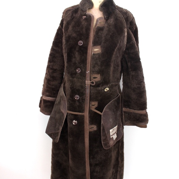 1970s shearling sheepskin tan brown fur coat maxi length manteau mouton - Picture 14 of 16